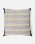 Sofia Cushion Cover – A beautifully handwoven cotton cushion cover featuring a subtle ikat-inspired pattern in warm, earthy tones of yellow, grey, and burgundy. Finished with delicate hand-stitched detailing and a contrasting dark-hued border, this piece embodies craftsmanship and understated elegance. Perfect for adding texture and character to any living space.