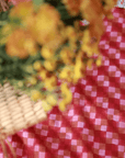 The Pink Squares Tablecloth sets the scene for a sunlit gathering, its hand-dyed checkered pattern in warm blush and rust tones adding charm to the moment. A softly blurred basket of golden flowers spills into the frame, hinting at a slow, beautiful afternoon.