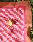 The Pink Squares Tablecloth lays under dappled sunlight, its soft, hand-dyed hues creating a warm, nostalgic feel. The checkered pattern, blending blush and rust tones, is a nod to traditional craftsmanship. A single golden pear rests at its center, casting a delicate shadow, adding a simple yet poetic touch to this outdoor moment.