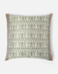 Vivia Cushion Cover – A refined blend of silk and cotton, this cushion cover showcases an intricate ikat-inspired pattern in soft sage green and ivory. Handwoven with exceptional craftsmanship, its delicate striped borders add a touch of elegance. A versatile piece that enhances both contemporary and traditional spaces.
