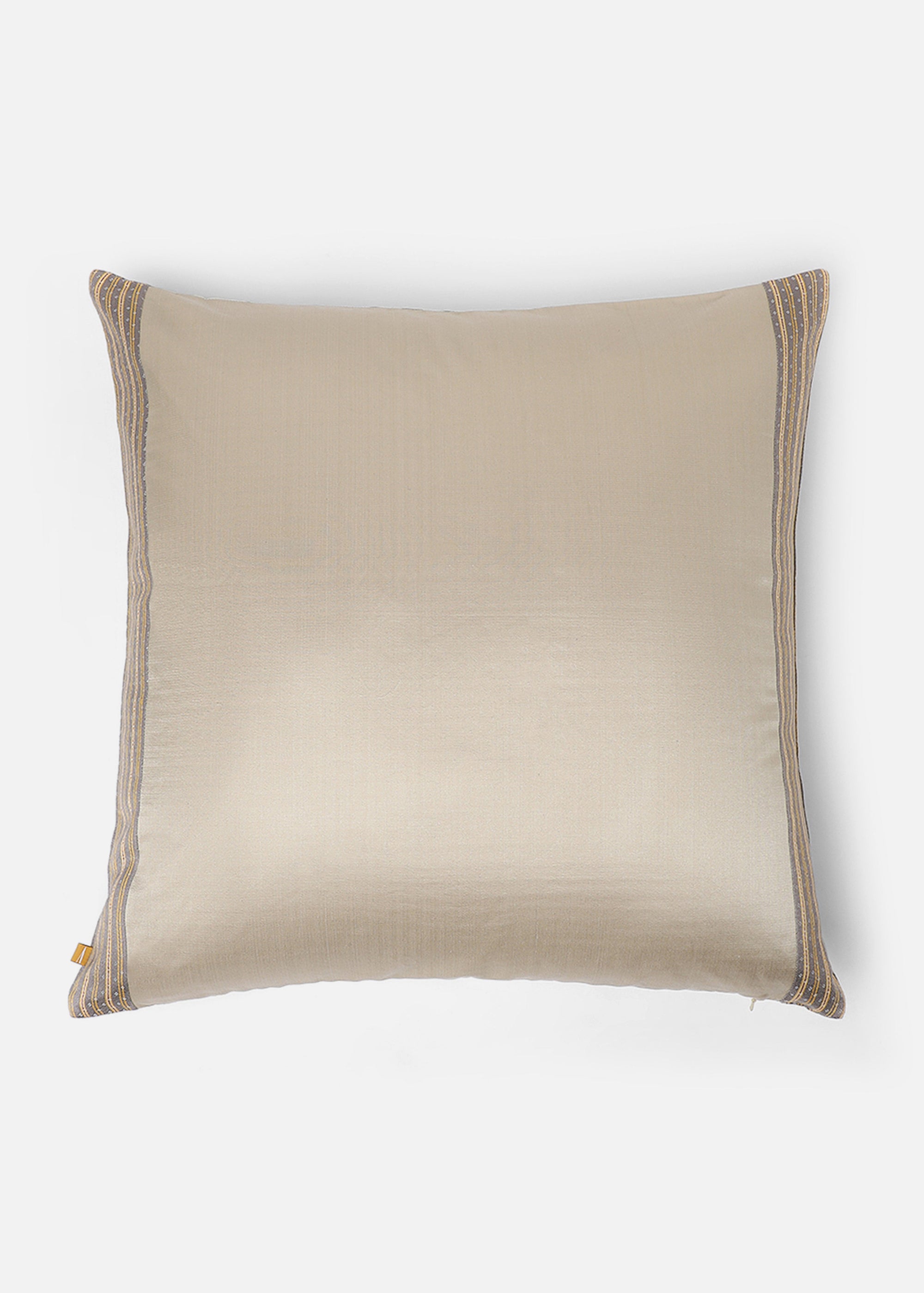 Vivia Cushion Cover – A refined blend of silk and cotton, this cushion cover showcases an intricate ikat-inspired pattern in soft sage green and ivory. Handwoven with exceptional craftsmanship, its delicate striped borders add a touch of elegance. A versatile piece that enhances both contemporary and traditional spaces.