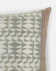 Vivia Cushion Cover – A refined blend of silk and cotton, this cushion cover showcases an intricate ikat-inspired pattern in soft sage green and ivory. Handwoven with exceptional craftsmanship, its delicate striped borders add a touch of elegance. A versatile piece that enhances both contemporary and traditional spaces.